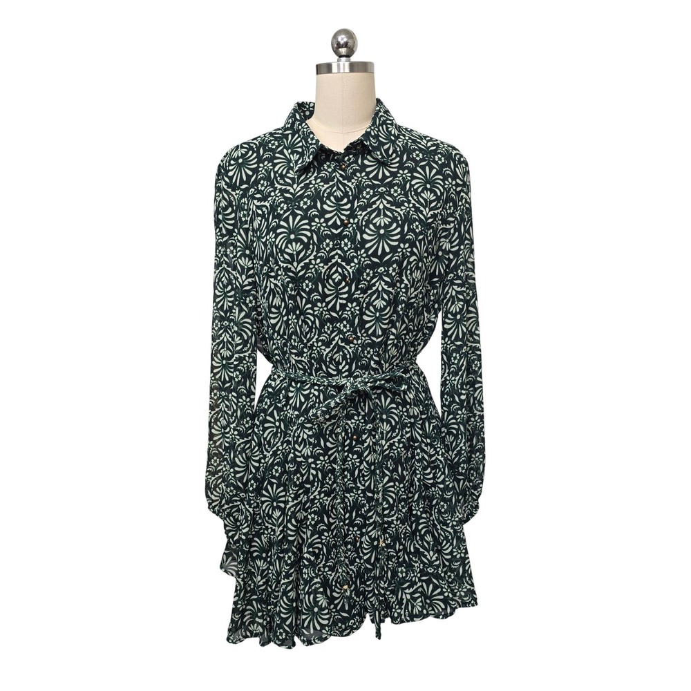 ZARA Green Floral Print Long Sleeve Collared Belted Ruffle Dress‎ Women's Sz XXL
